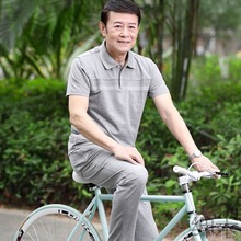 SH两件套棉质短袖T恤夏季中老年人男士爸爸夏装大码休闲运动服套