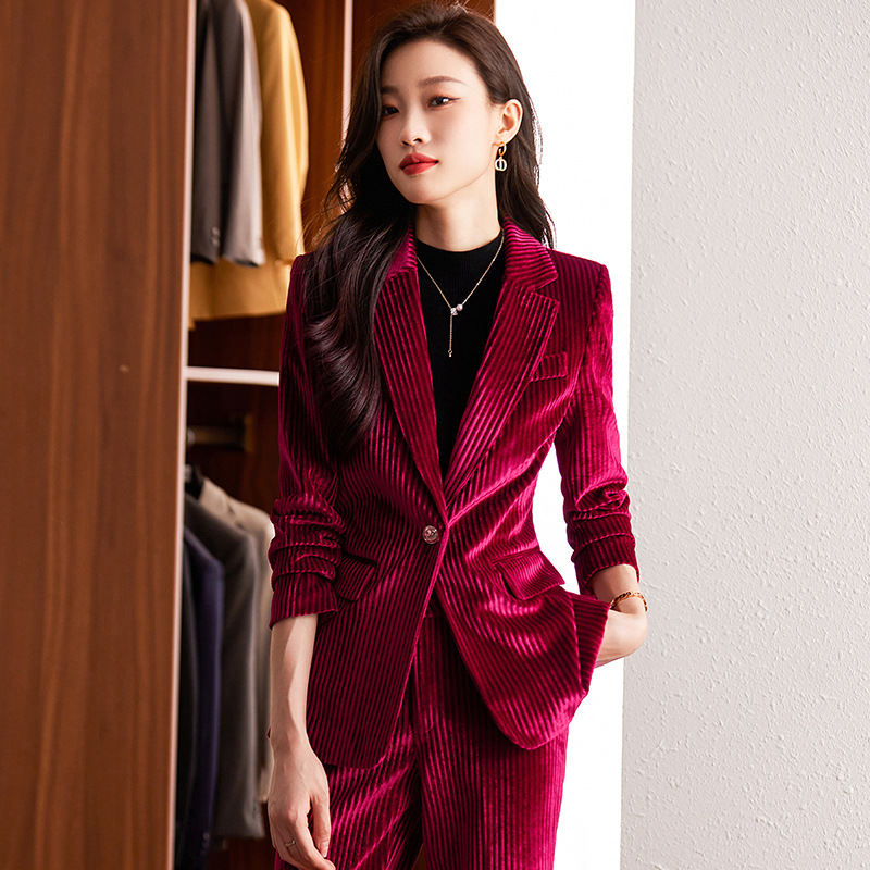 高端酒红色金丝绒小西装套装女冬季厚款时尚休闲一粒扣小西服批发
