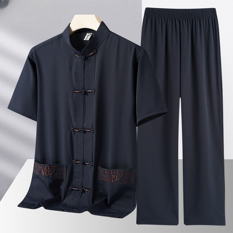 中老年唐装男士爸爸夏装短袖中国风两件套装爷爷夏季老人衬衫薄款