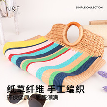 N&F韩版手工编织包大容量手提包毛线包镂空出游包手拿包撞色度假
