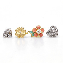 时尚设计感彩釉橙色花朵四叶草镶钻爱心和平标钻石形状四件套耳钉