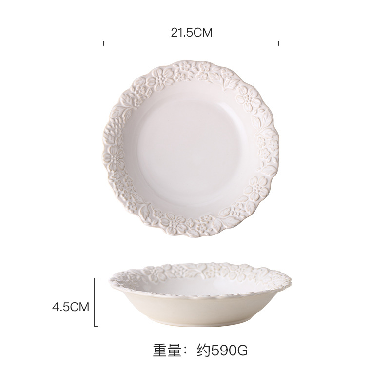 Kiln Baked Embossed Ceramic Tableware Fragrance Series Plate Soup Plate Salad Bowl Double-Ear Bowl