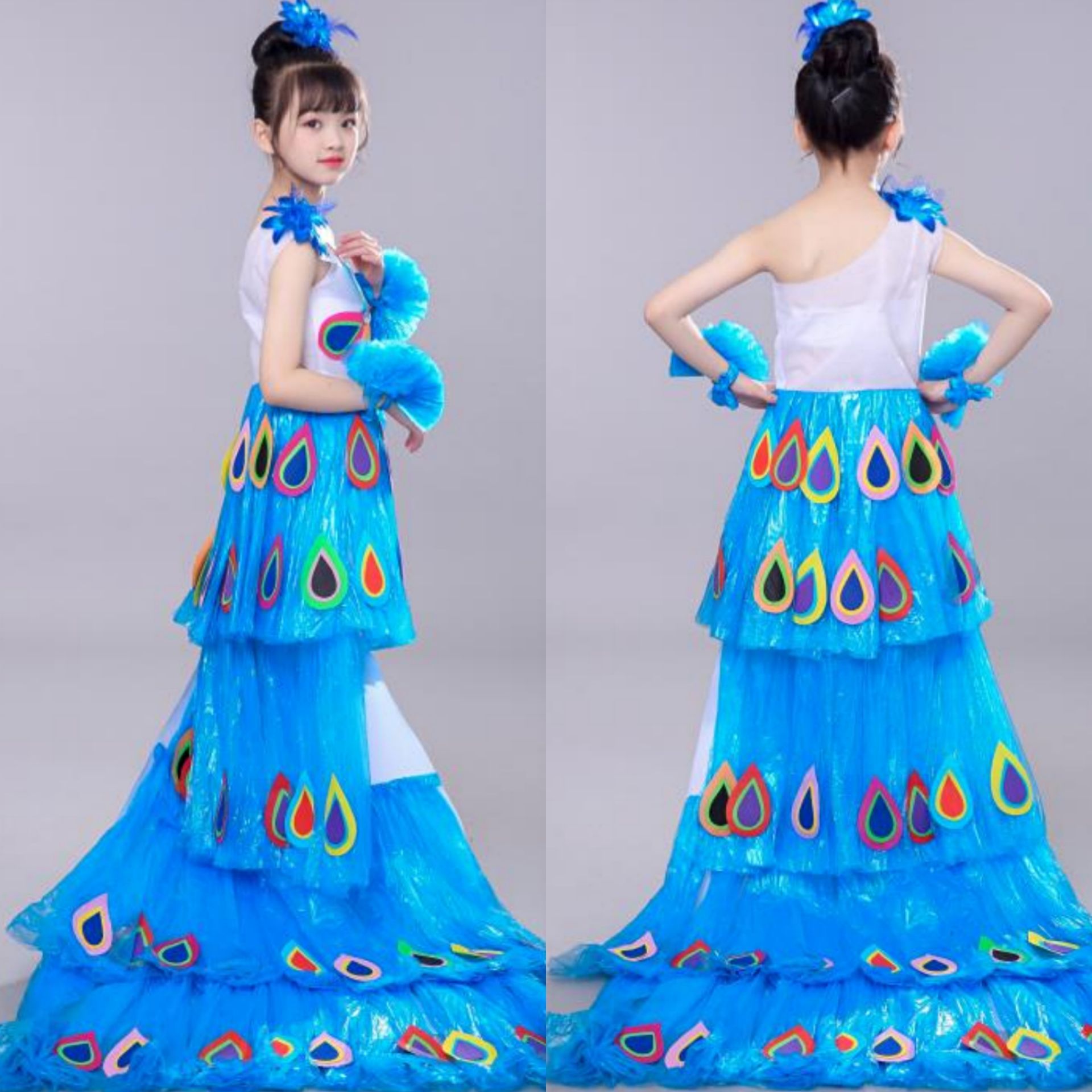 儿童环保演出服diy手工自创环保衣服幼儿园亲子时装走秀孔雀拖尾