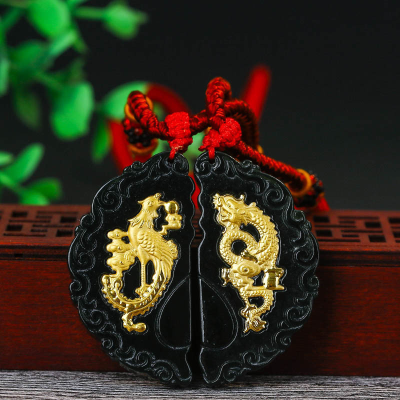 和田墨玉龙凤玉佩吊坠金镶玉男女款龙凤配挂件男士霸气玉坠