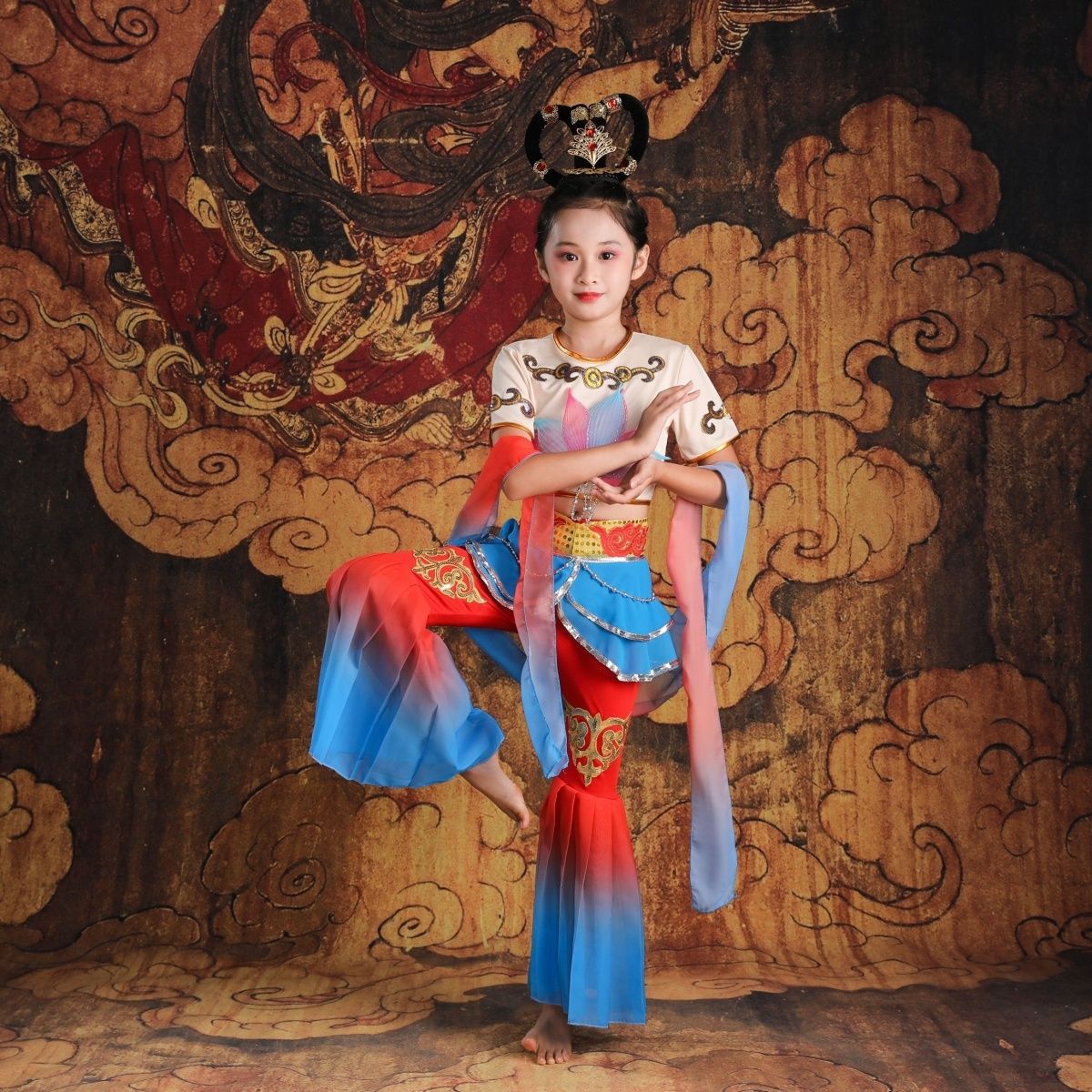 飞天乐鼓道具壁画绝古典舞蹈服装披帛儿童敦煌飞天舞蹈演出服1