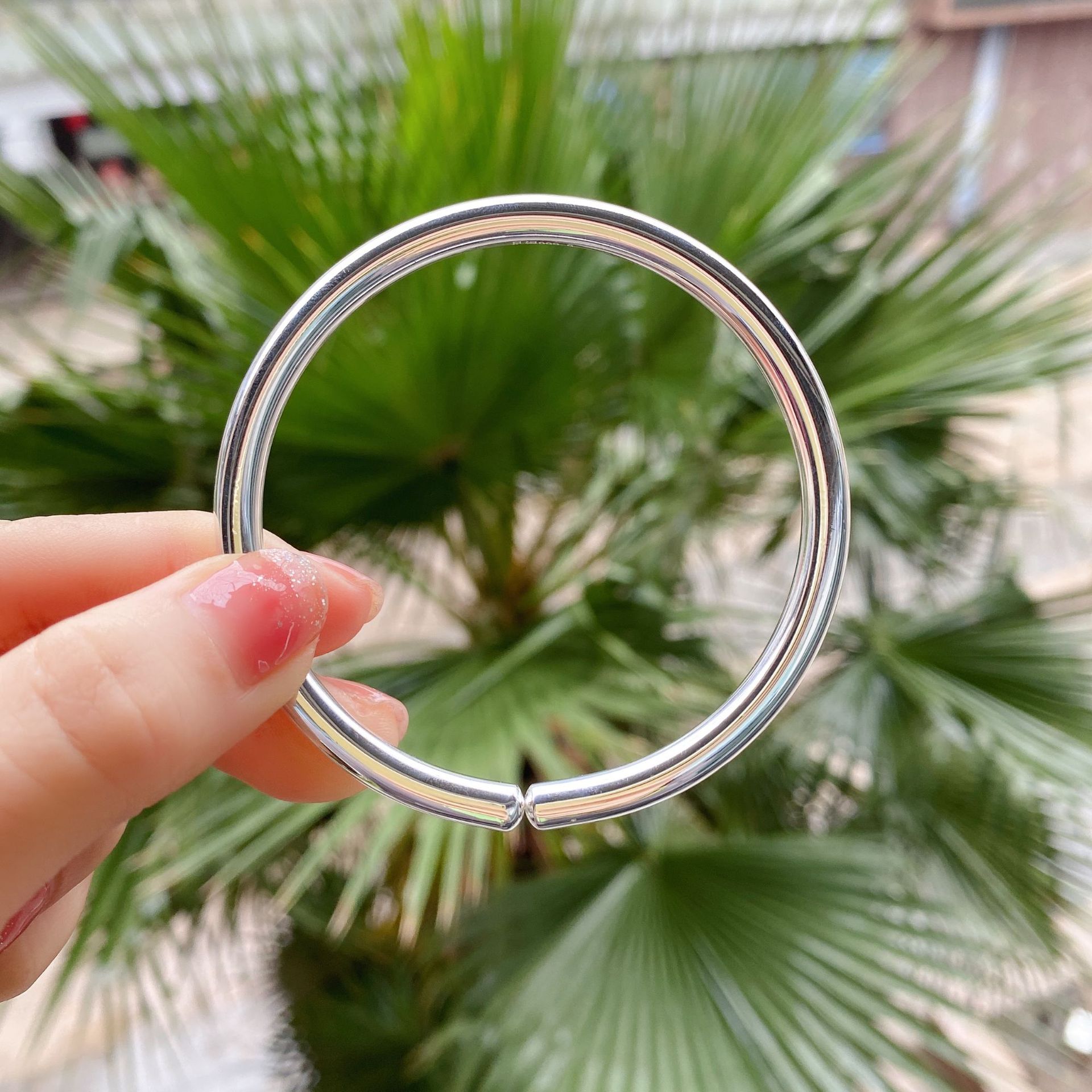 9999银手镯定制实心光面传承开口闭口可带光球圆条圆棍情侣手环