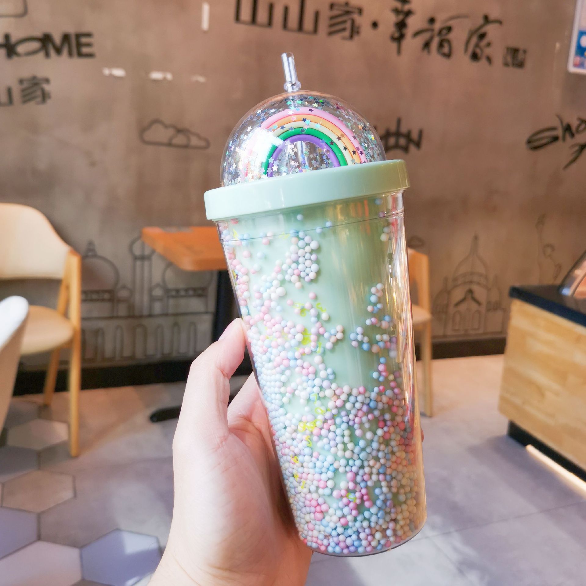 New Creative Rainbow Plastic Water Cup Fashion Large Capacity Women's Straw Cup Mori Double-Layer Colorful Beads Drink Cup