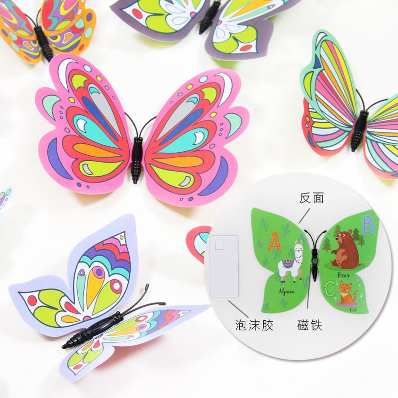 Factory Direct Sales Foreign Trade 3d Cartoon Butterfly Decoration English Magnet Glue Butterfly Set Refrigerator Decoration