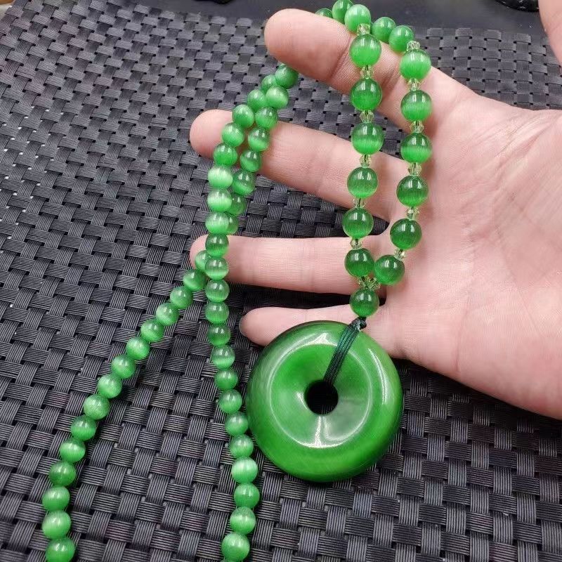 高仿绿色猫眼石平安扣吊坠项链手工编织女款毛衣链妈妈链直播货源