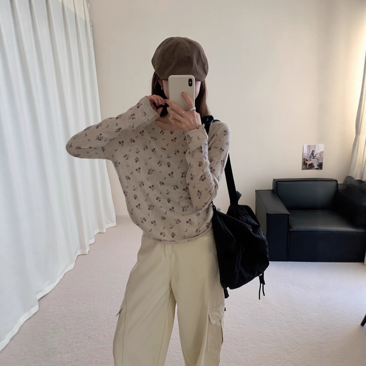 超柔毛晴马海毛休闲风碎花针织衫长袖上衣女早秋设计感圆领套头衫