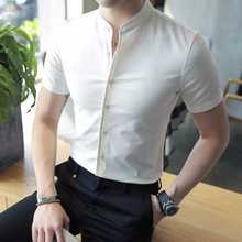 夏季短袖中华小立领衬衫男商务休闲防皱修身正装圆领发型师白衬衣