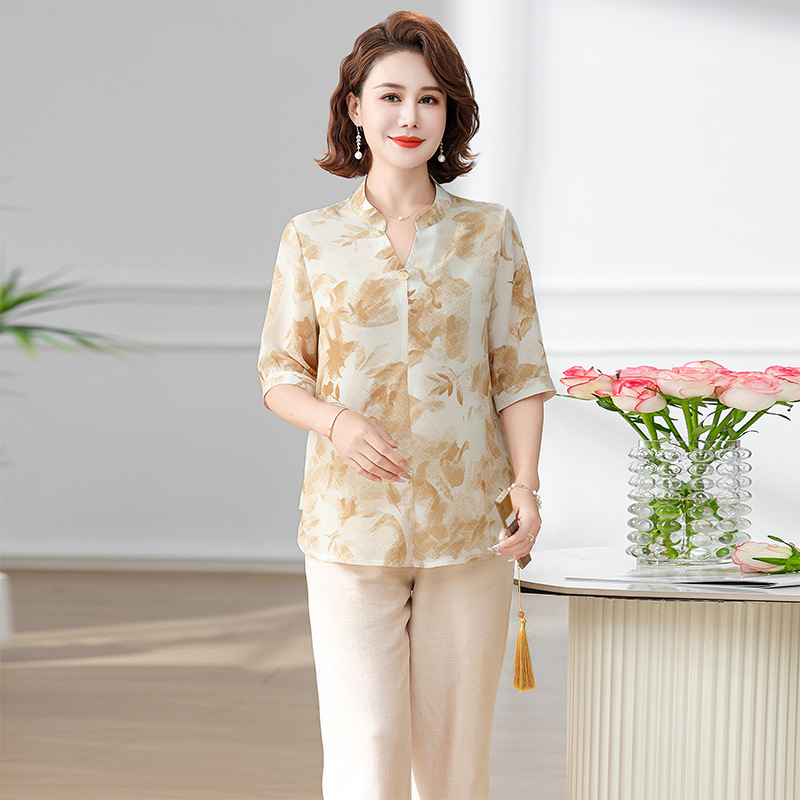 中年妈妈夏装雪纺衫洋气中老年大码中袖上衣气质春夏季衬衫套装女