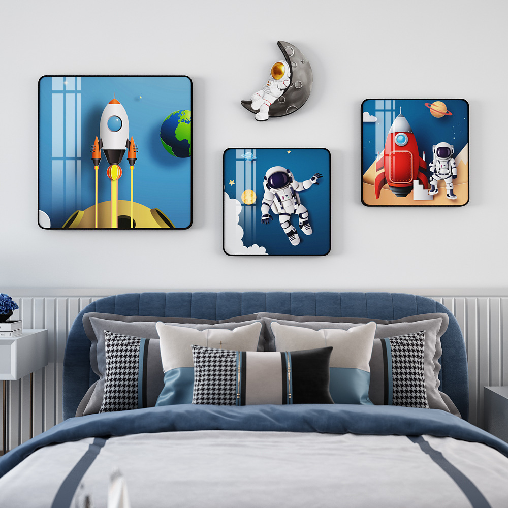 b31 儿童房卧室装饰画太空宇航员床头背景墙卡通挂画男孩房间壁画