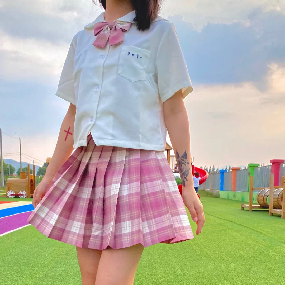 日系学院高腰格子树莓红茶格裙jk制服裙半身裙百褶百折裙学生校服