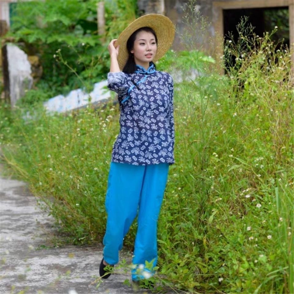 影视剧演出服装村姑阿庆嫂表演服农妇采茶女民族舞蹈服装碎花秧歌