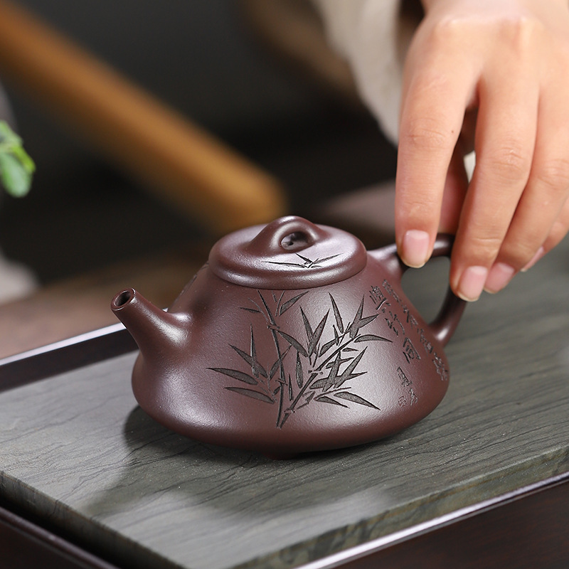 紫砂壶宜兴工堂直发沈文娟老紫泥纯全手工刻绘竹叶子冶石瓢200ml