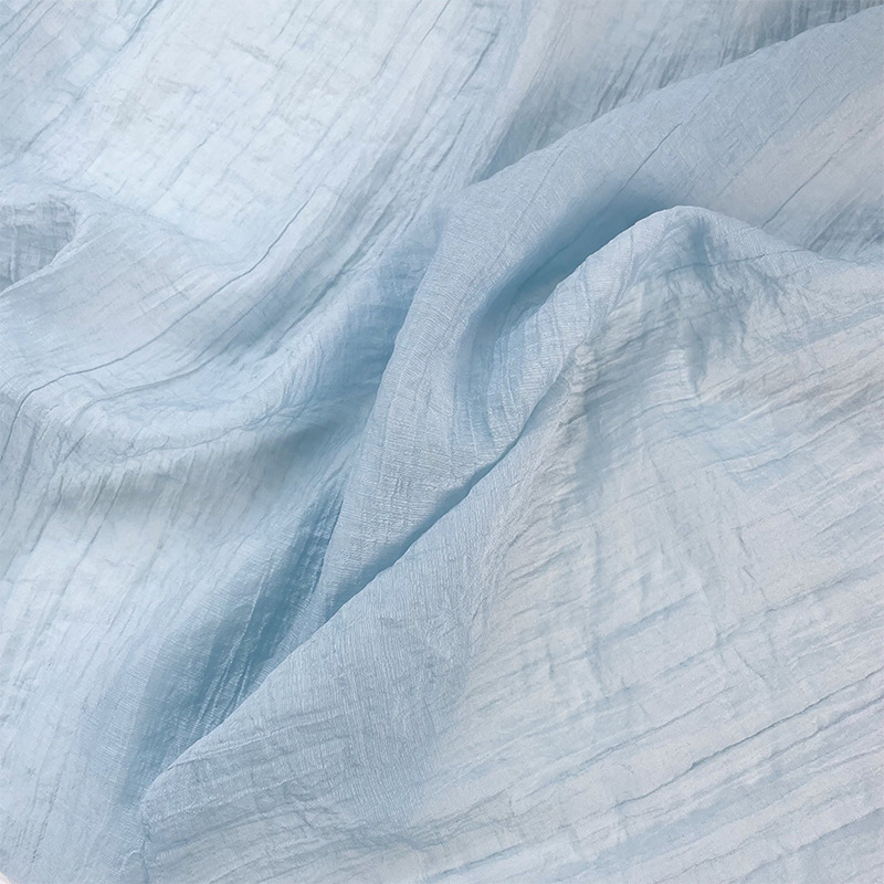 半透亲肤 清透浅蓝色竖纹褶皱肌理天丝麻亚麻面料衬衫汉服布料diy