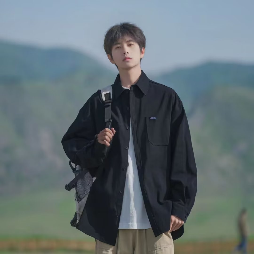 日系复古工装潮牌白色衬衫男长袖内搭美式潮流外套高级感衬衣套装