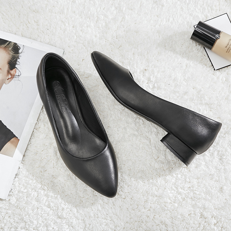 酒店工作鞋女黑色职业银行上班鞋正装面试中跟浅口单鞋皮鞋女工鞋