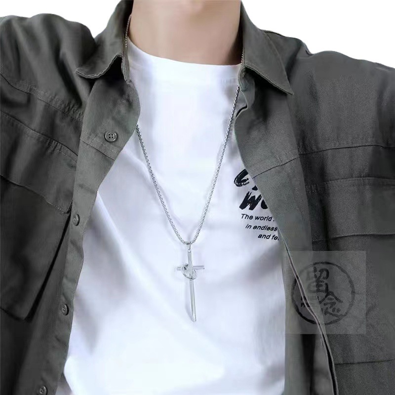 Korean Style Men's Hip Hop Necklace Niche Design Titanium Steel Cross Pendant Cuban Trend Twin Titanium Steel Necklace