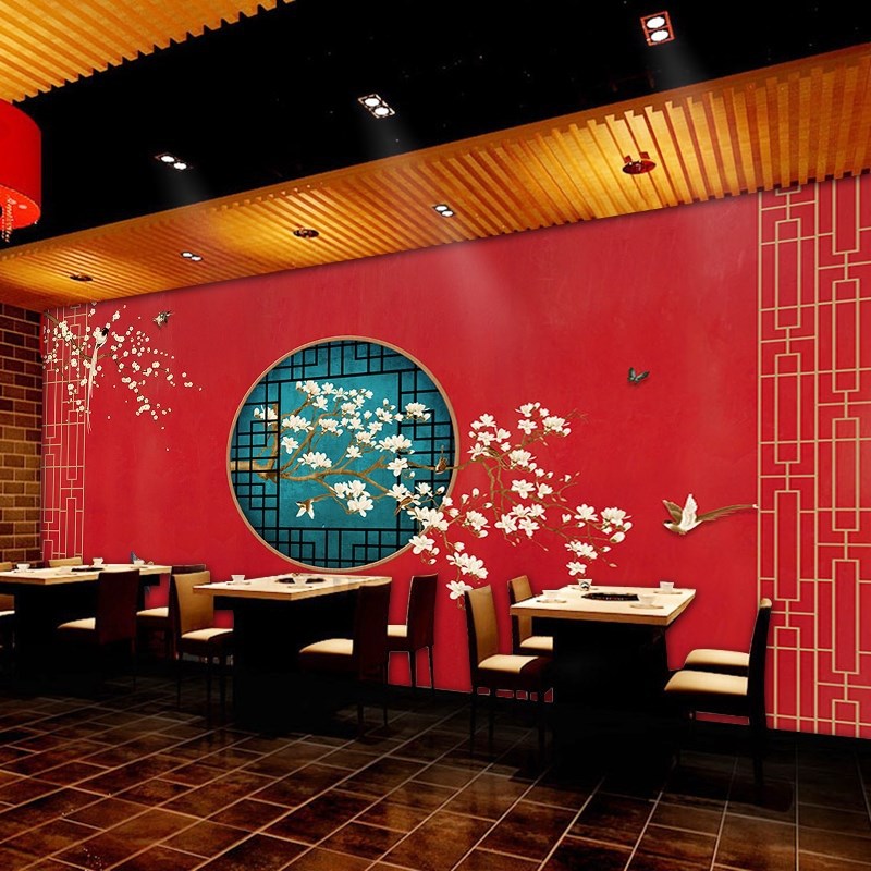 中式花鸟故宫红壁纸中国风古典饭店包厢背景墙火锅店餐厅国潮墙纸
