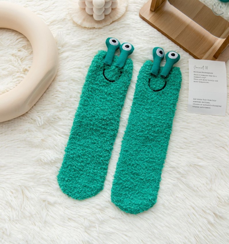Cartoon Big Eyes Coral Fleece Socks Korean Style Cute Thickening Warm Parent-Child Sleeping Socks Non-Slip Silicone Room Socks