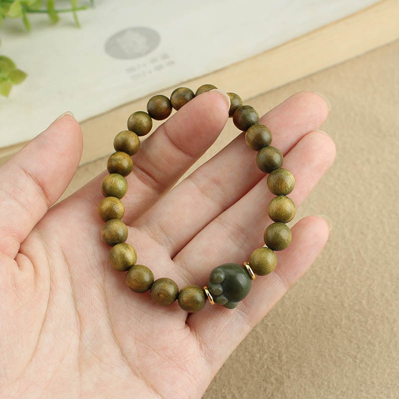 Simple Green Sandalwood Bracelet Women's Cute Cat Claw Chinese Style Wooden Student Bracelet Couple Retro Style Ornament Single Circle