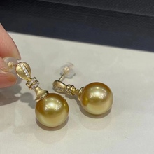S925银天然金珍珠耳钉 10-11mm正圆浓金媲美南洋珠金典款珍珠耳环