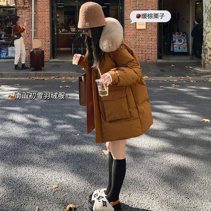 2025年新款网红同款白鸭绒狐狸毛领羽绒服女冬中长款百搭工装外套