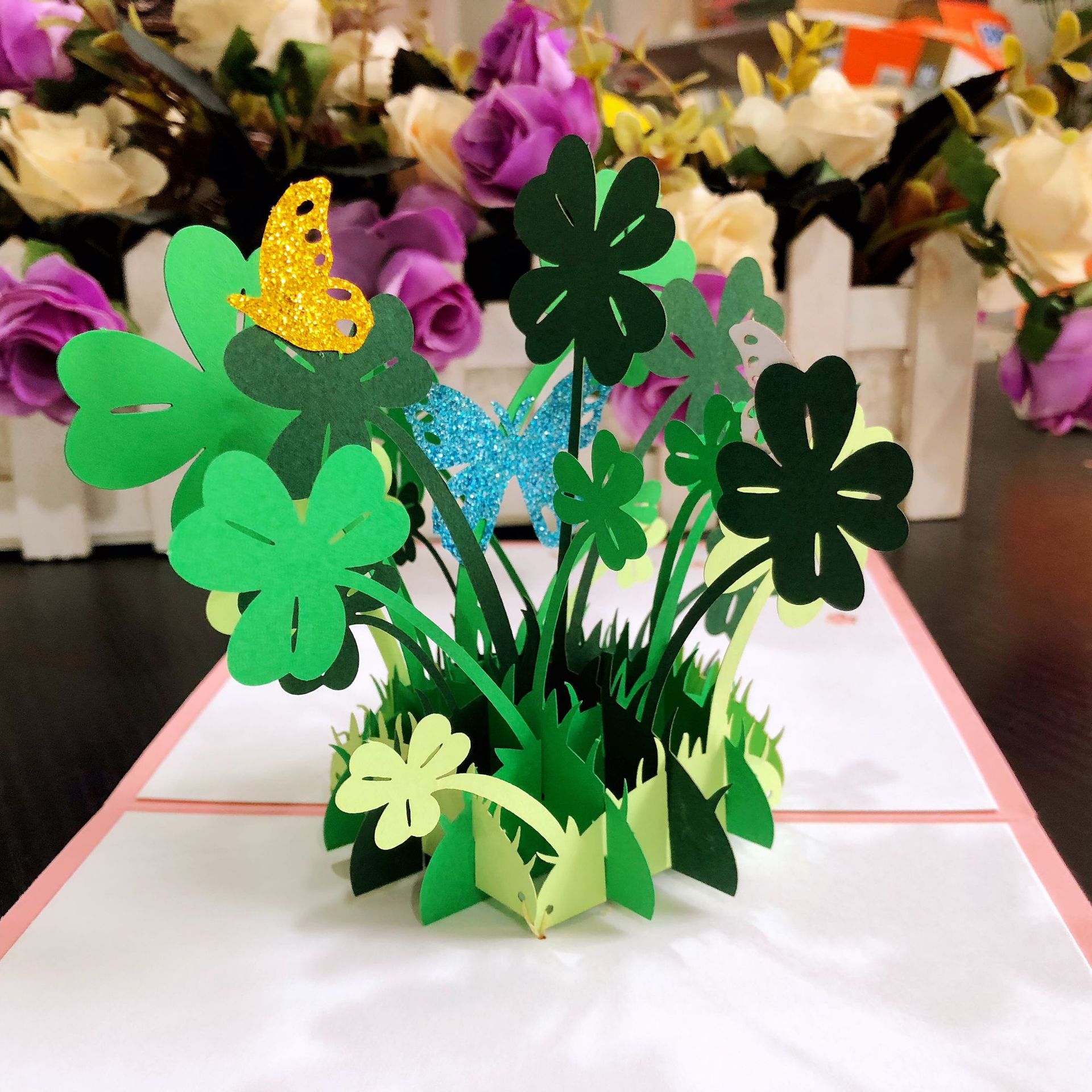 3d立体贺卡植物花卉款四叶草爱情树花洒盆花创意小清新