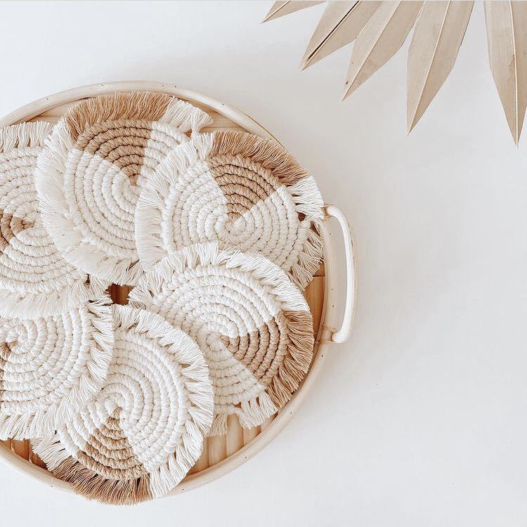 北欧棉绳编织杯垫 隔热垫波西米亚餐垫 圆形流苏拼色创意跨境专供