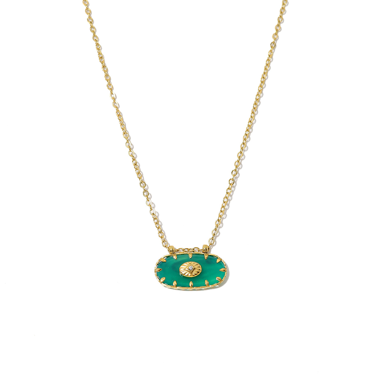 Foreign Trade French Retro Ins Style 18K Gold Titanium Steel Necklace Inlaid Malachite Pendant Female Clavicle Chain Necklace Wholesale