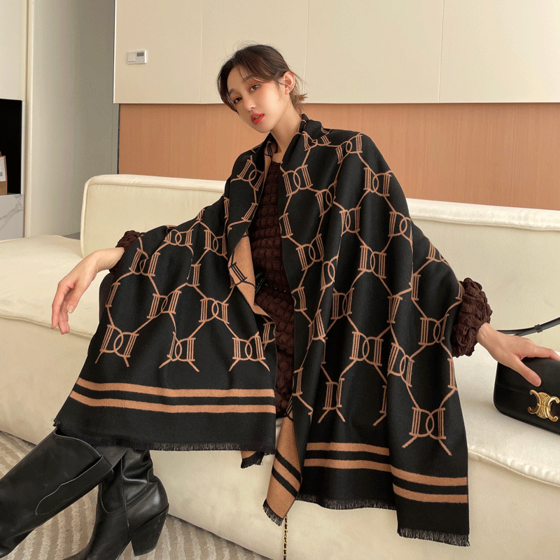 2021 New Double Letter D Jacquard Scarf Women's Autumn and Winter Cashmere-like Live Broadcast Popular Shawl Thermal and Windproof