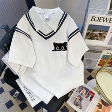 POLO领假两件短袖女夏装季2025新款韩版卡通印花宽松上衣潮气质女