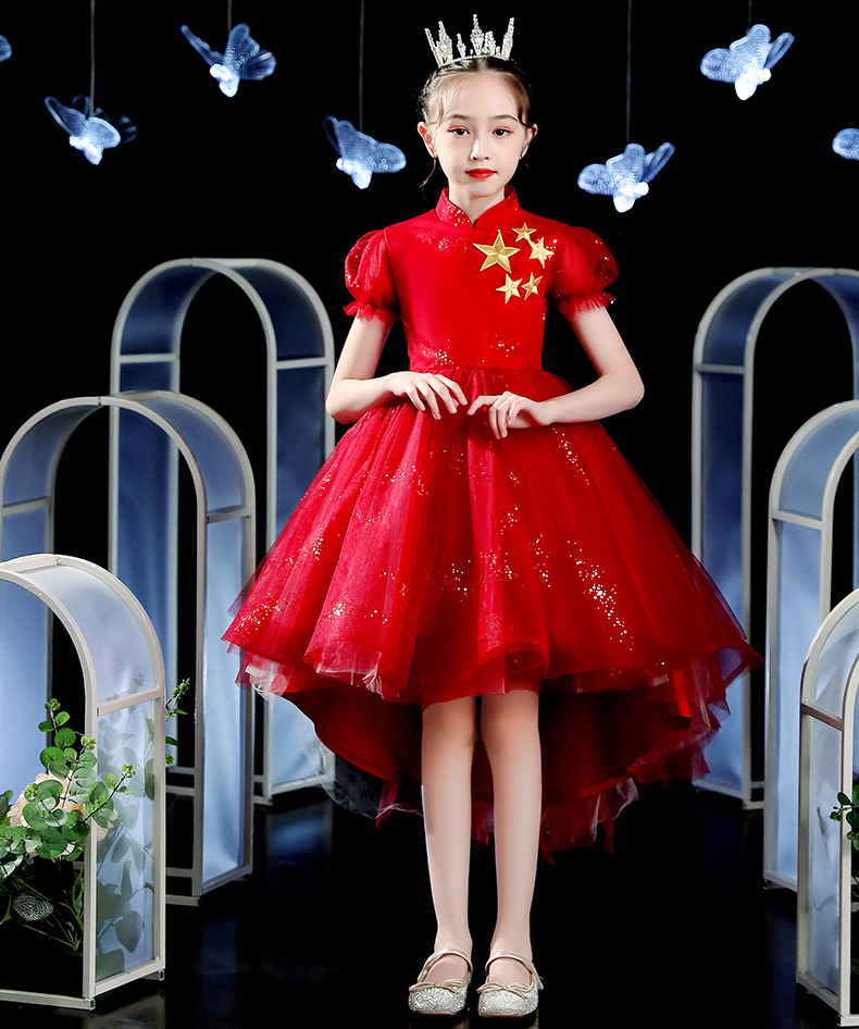 儿童大合唱礼服红色主题朗诵演讲歌唱演出服女童公主裙主持人礼服