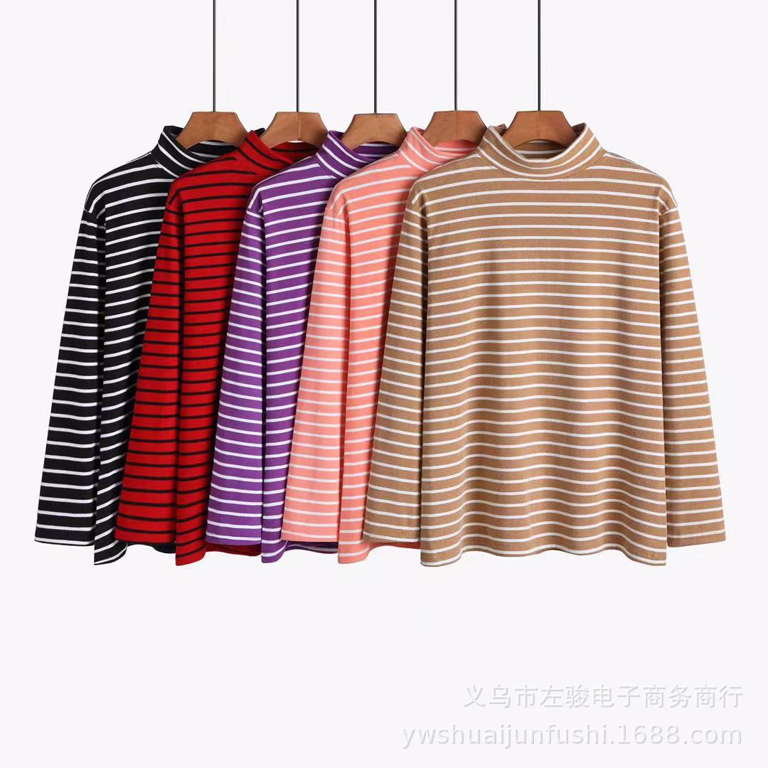 Spring and Autumn Mom Wear Casual Style Japanese and Korean Striped Double-Sided Dralon Half Turtleneck Regular Women's Bottoming Shirt Wholesale