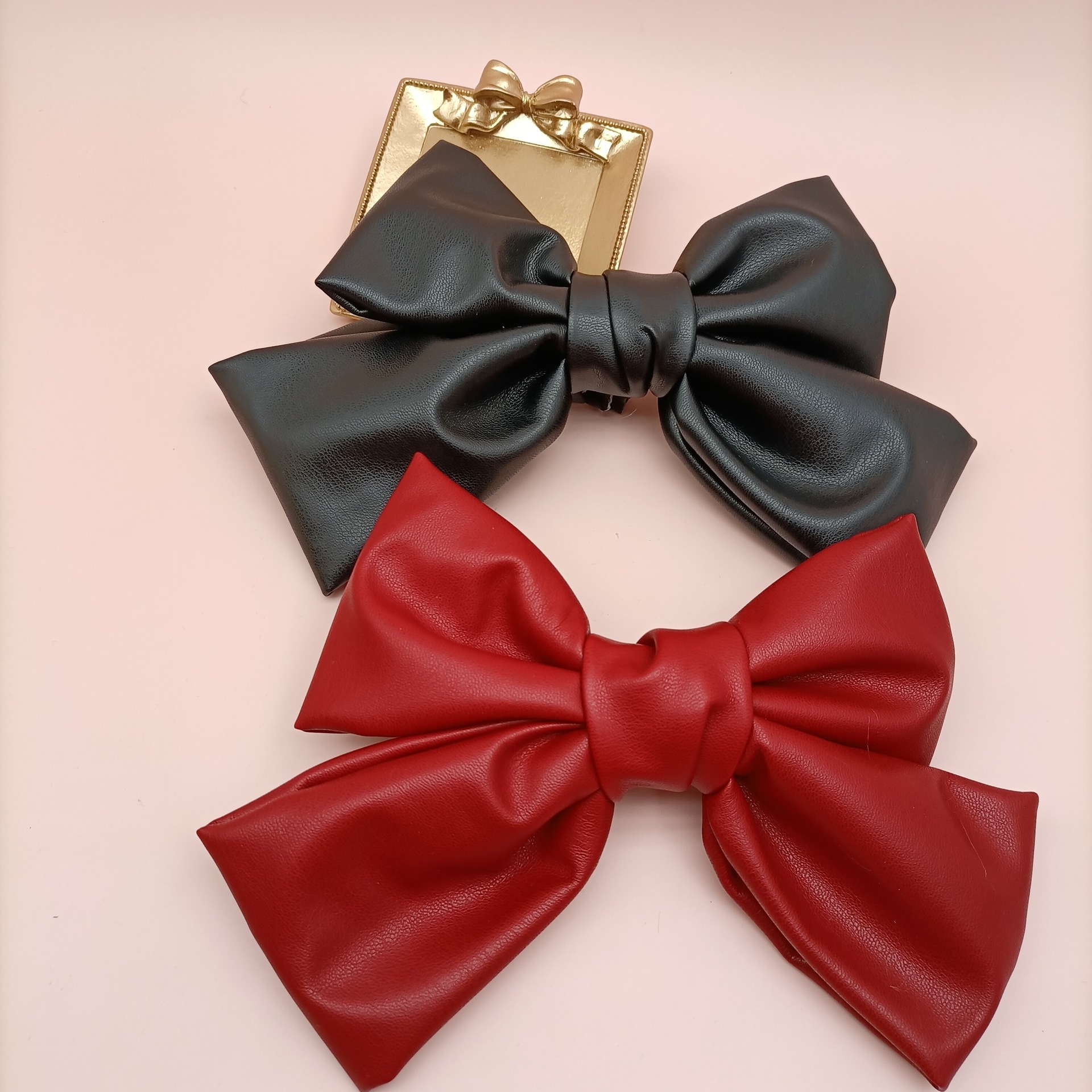 pu皮质酒红色蝴蝶结发卡秋冬新款丸子头发饰复古森女系头顶夹发饰