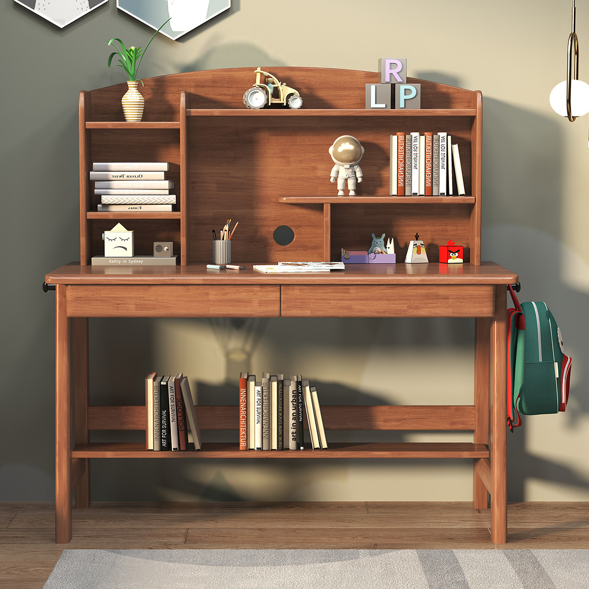 实木书桌书架一体儿童学习桌家用电脑桌现代简约卧室初中生写字桌