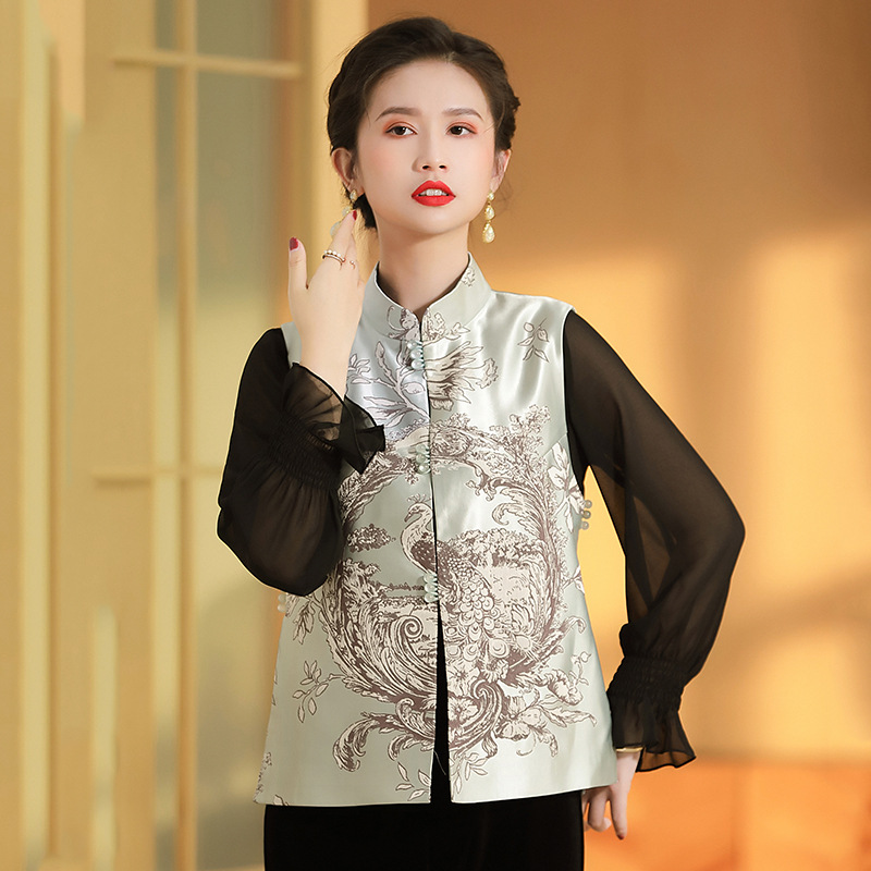 缎面提花孔雀立领无袖马褂女2021秋季新品女装国风开衫上衣唐装女