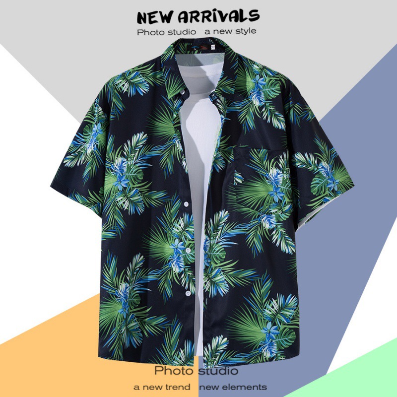 INS Hong Kong Style Vintage Vintage Style Short Sleeve Printed Shirt Men 2022 Hawaii Vintage Shirt Pu Handsome Coat Fashion