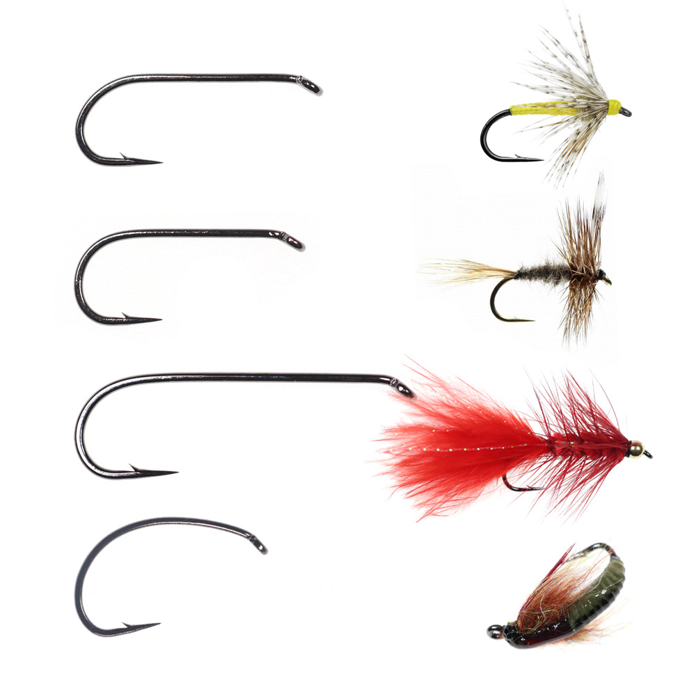 飞蝇钩毛钩绑制钩干式湿式饰带若虫钩弯背长柄宽门加粗细钩条鱼钩