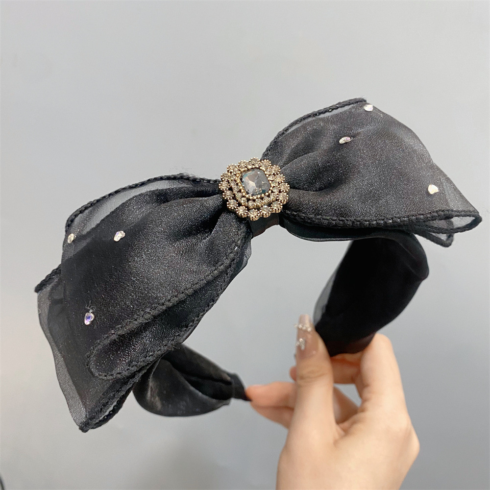 Rhinestone Three-Layer Organza Bow Headband Wide-Edge Rhinestone Light Luxury High Sense Veil Headdress New Female Hair Accessories