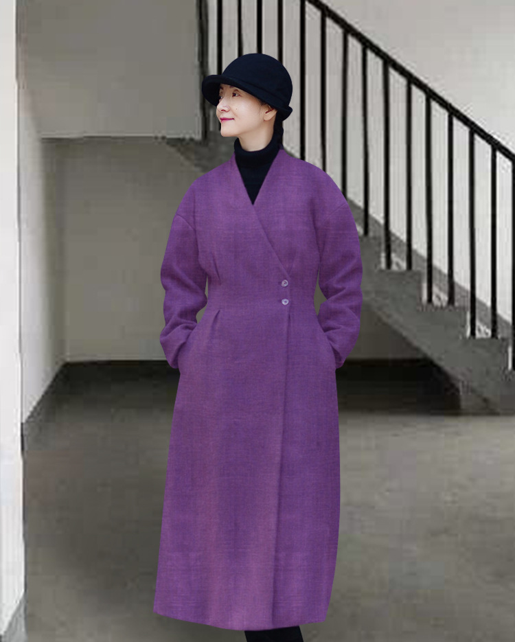 原创棉麻外套酱紫色保暖长棉服连衣裙201222