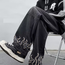 2024新款Y2K裤脚火焰外贸男装牛仔裤亚马逊做旧潮牌宽松高街长裤