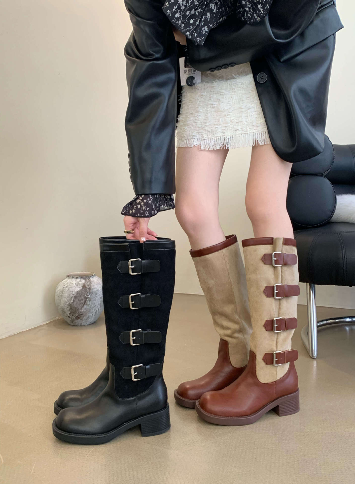 大筒围女靴胖mm粗腿长筒骑士靴炸街马丁靴牛仔靴长靴皮带扣西部靴