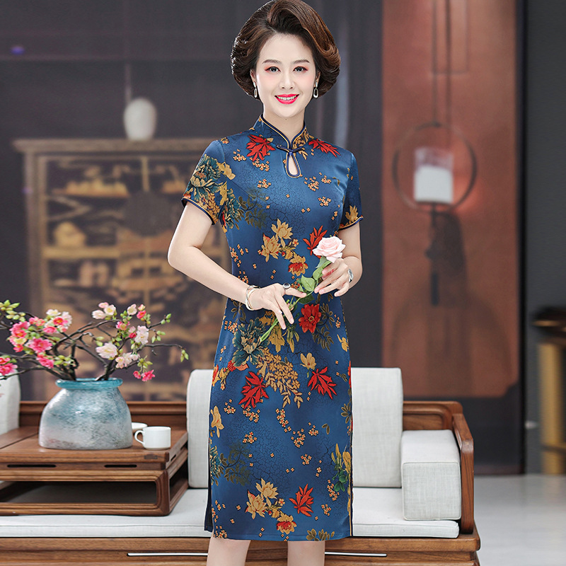 中老年人女装仿真丝缎连衣裙套头奶奶旗袍裙子过膝洋气妈妈夏装裙