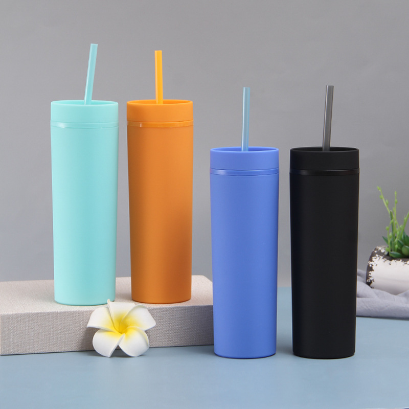 Cross-Border 16Oz Rubber Paint Plastic Cup Car Candy Color Double Drinking Cup Fresh Student Straight Straw Cup