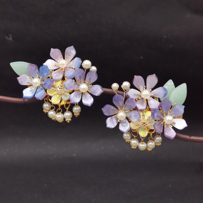 古风古装发饰发夹汉服珍珠流苏边夹仙气紫色饰品复古宫廷对夹配饰