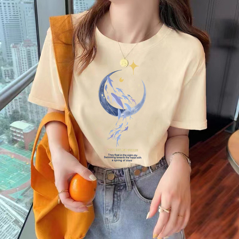 Loose-Fitting Pure Cotton Short Sleeves T-shirt Women's Summer Wear New Beautiful Top Design Printed Sweater Women's round Neck Spring and Autumn