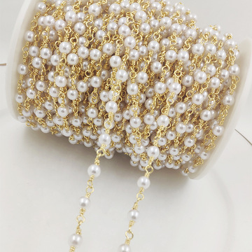 跨境货源仿珍珠链条diy饰品配件保色珍珠链子铜镀厚真金串珠链子